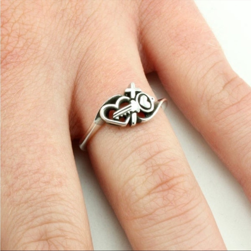 Key and Heart Cross Sterling Silver Ring